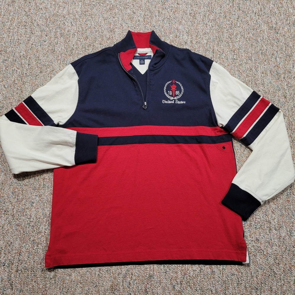 Tommy Hilfiger Quarter Zip Pullover Mens Large Red Blue USA Crest Preppy